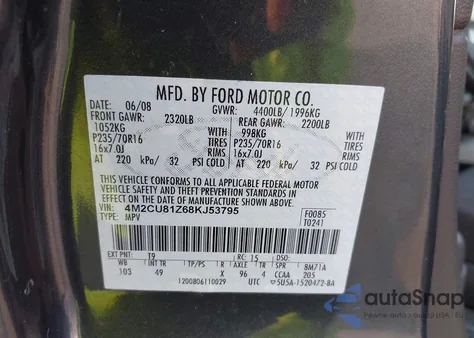 2008 Mercury Mariner I4 z USA, uszkodzony, nr VIN 4M2CU81Z68KJ53795